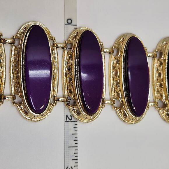 Purple Oval Gold Tone Panel Oversized Cuff Link Bracelet Dramatic Statement - Picture 6 of 6